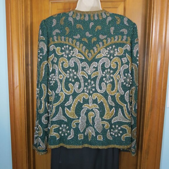 Laurence Kazar Green & Gold Vintage Beaded Silk Evening Cocktail Jacket Size XL - Picture 6 of 11
